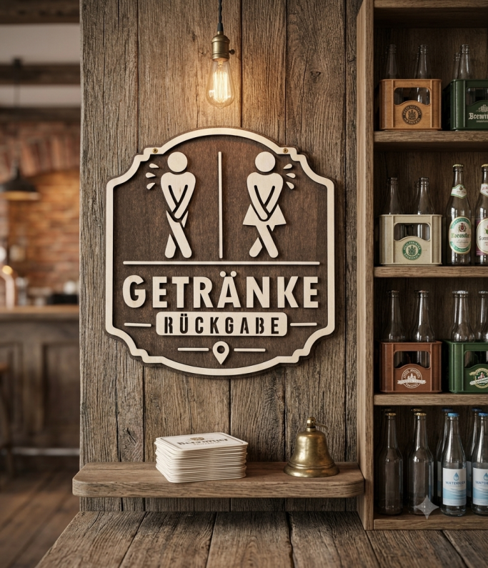 Getränke Rückgabe Holzschild mit dem Schriftzug „Getränke Ecke“ und symbolischen Figuren für Männer und Frauen.